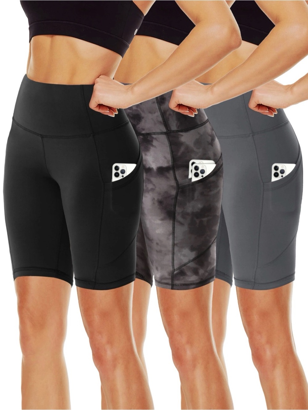 High-Waist Women’s Biker Shorts with Side Pocket - Black, Gray, Tie-Dye